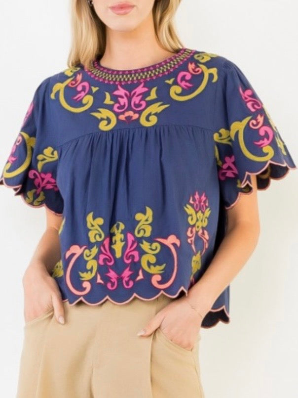 Navy blue floral colored embroidered short sleeves blouse top