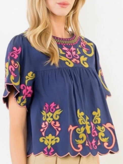 Navy blue floral colored embroidered short sleeves blouse top