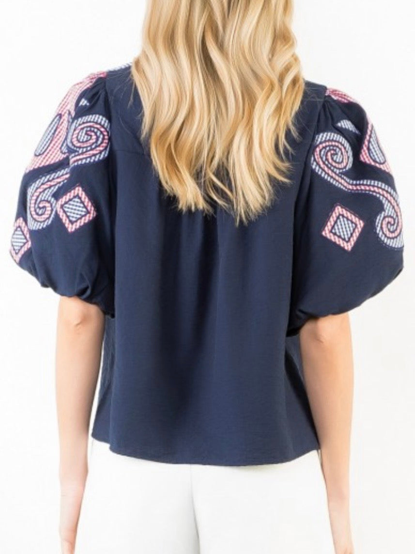 Navy blue checkered patches puff short sleeves blouse top
