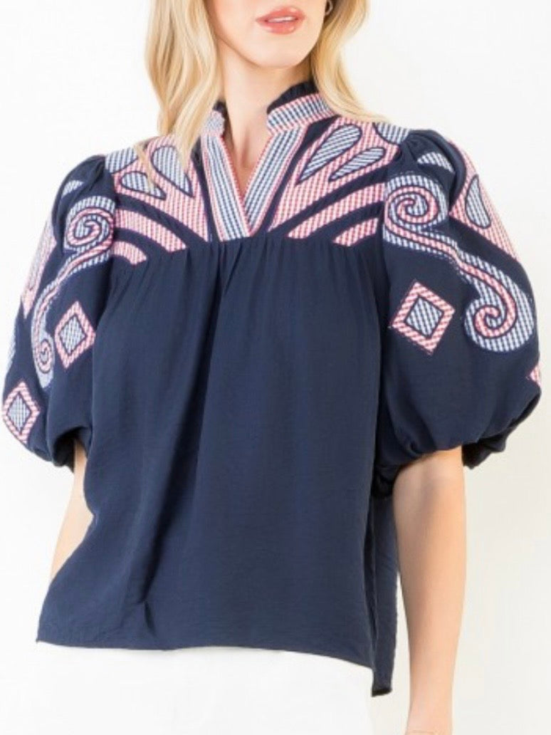 Navy blue checkered patches puff short sleeves blouse top