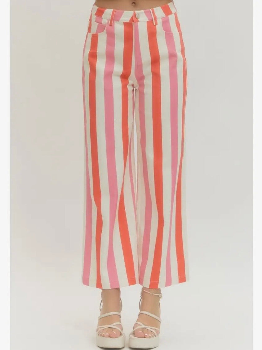 Color striped fabric straight Capri pants