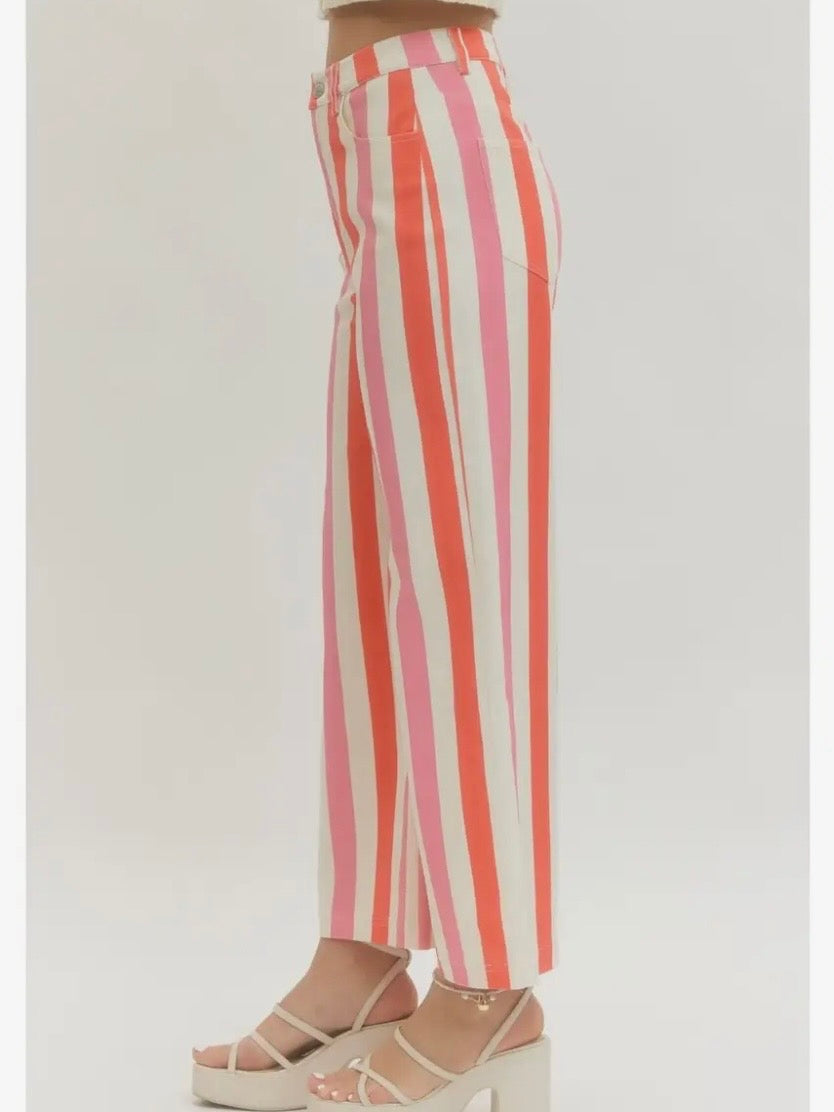 Color striped fabric straight Capri pants