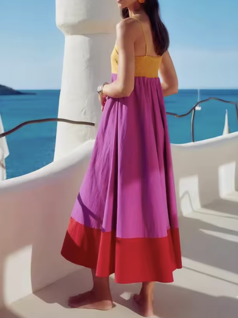 Fuchsia, red and yellow square neck straps loose fit maxi dress