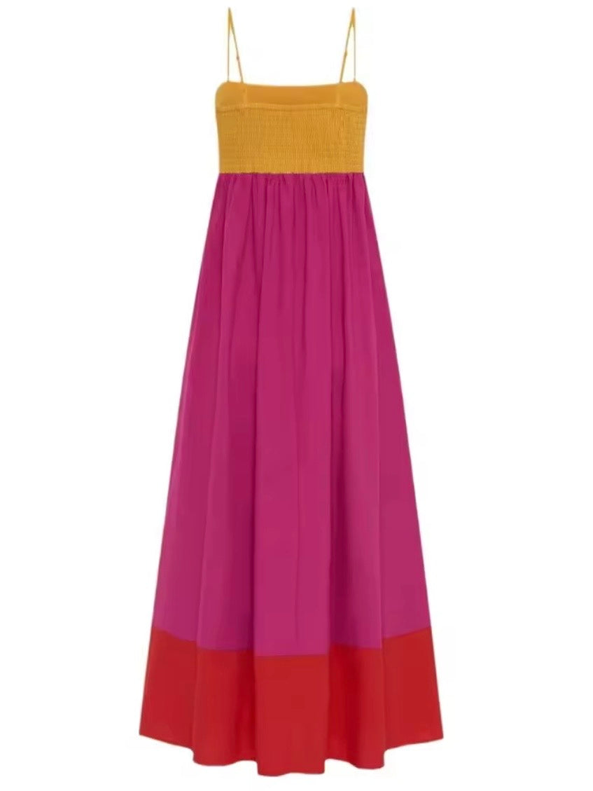 Fuchsia, red and yellow square neck straps loose fit maxi dress