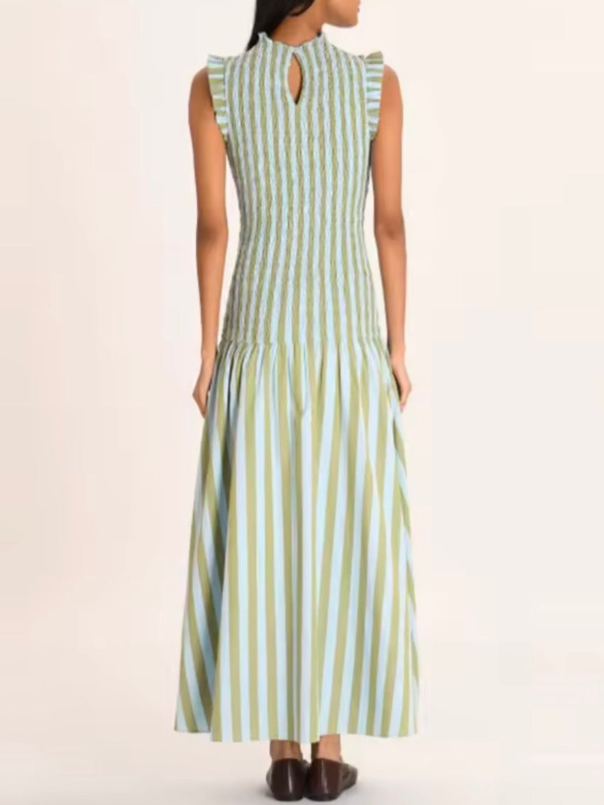 Light blue and light green striped draped maxi dress