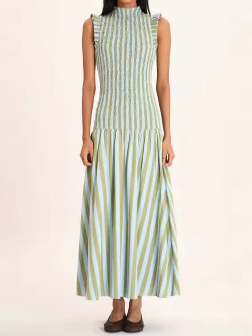 Light blue and light green striped draped maxi dress