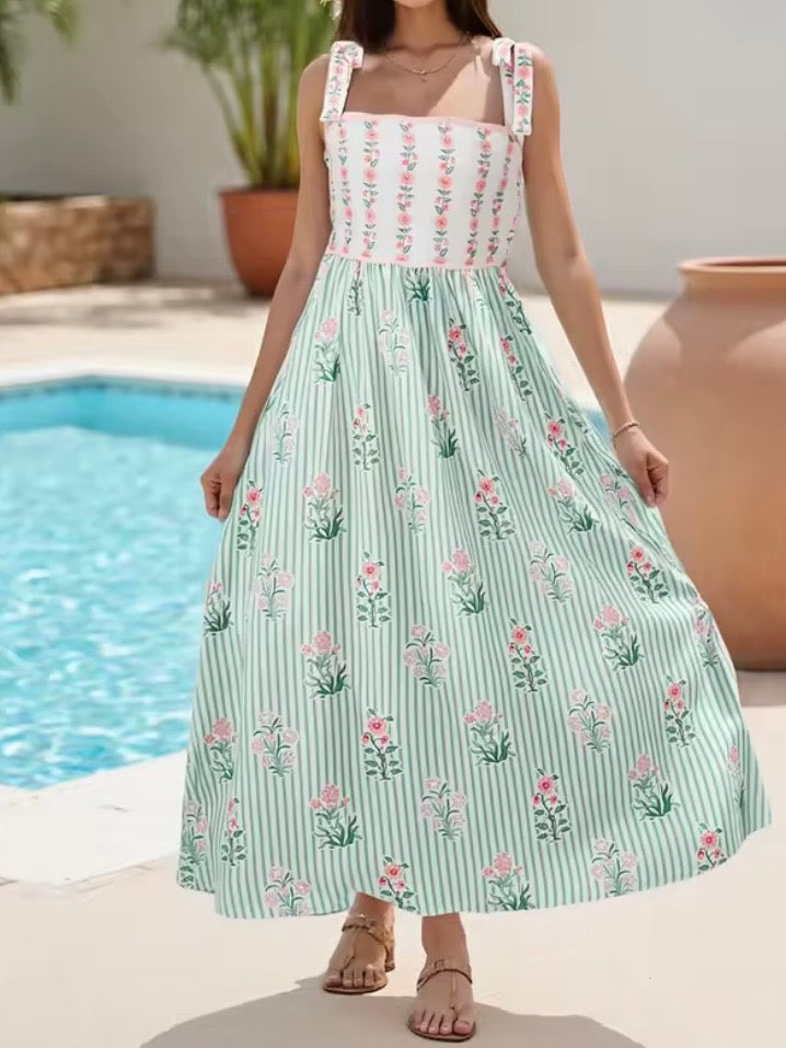 White, pink and green striped floral printed square neck straps loose fit maxi dress