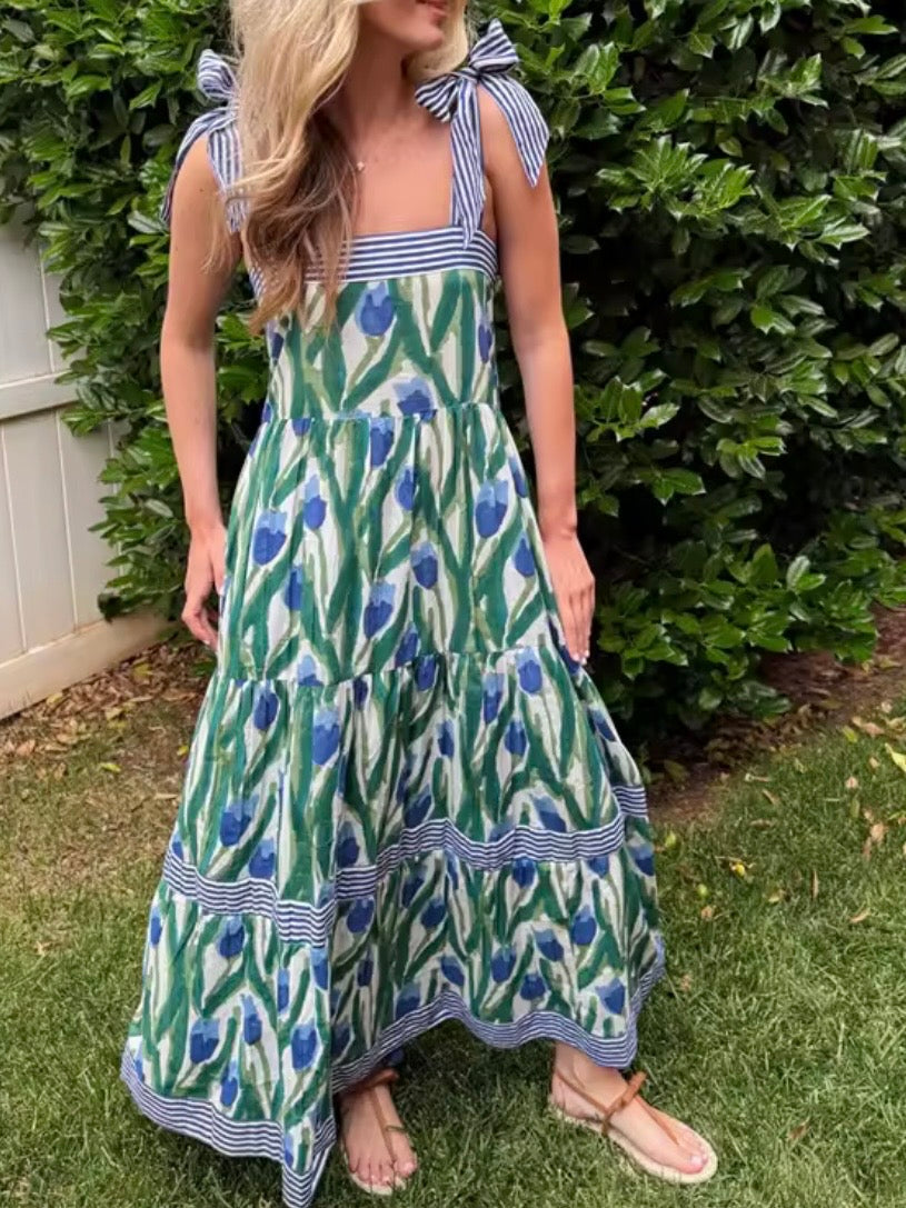 Blue, white, pink and green floral printed square neck straps loose fit maxi dress