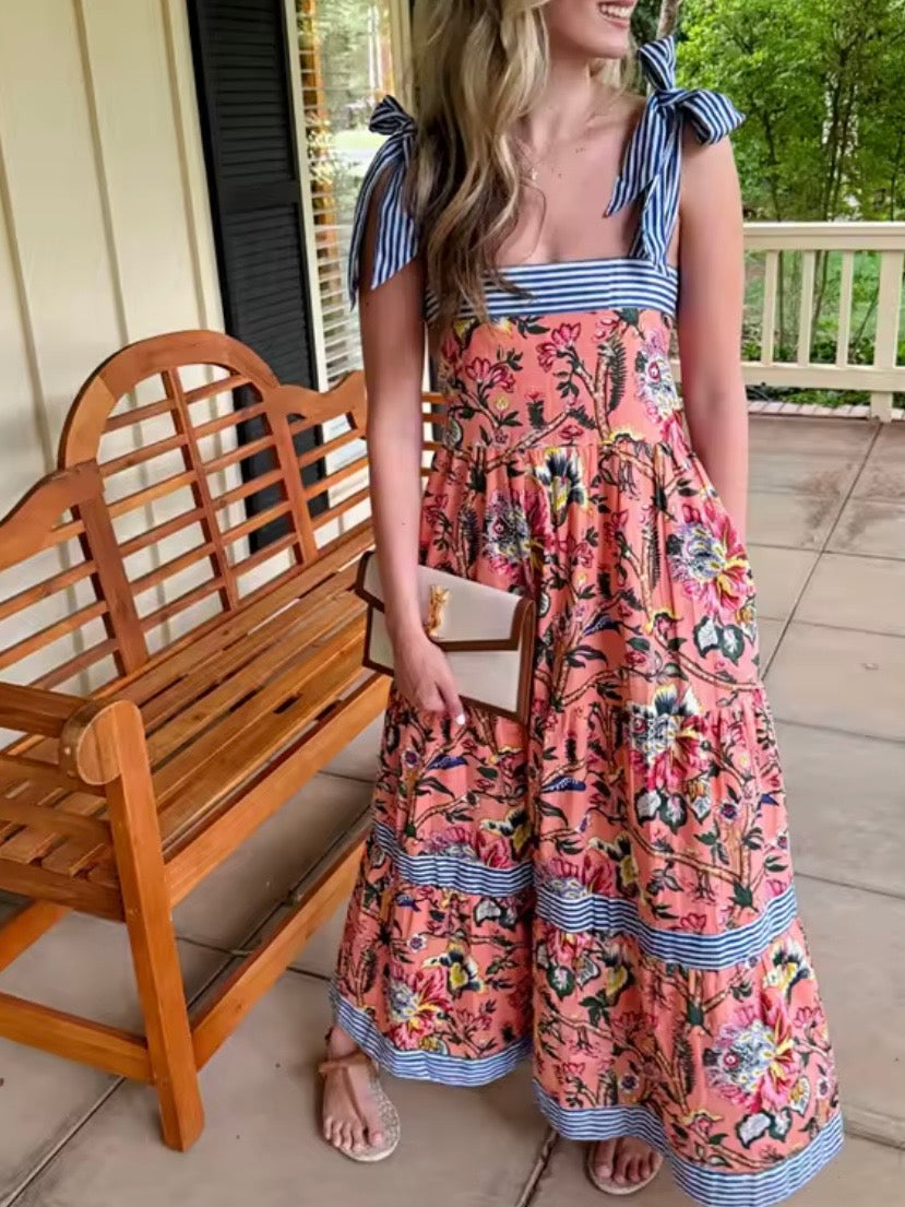 Blue, white, pink and green floral printed square neck straps loose fit maxi dress