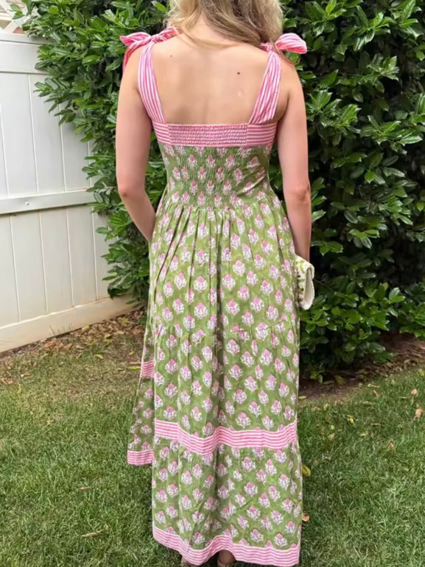 Blue, white, pink and green floral printed square neck straps loose fit maxi dress
