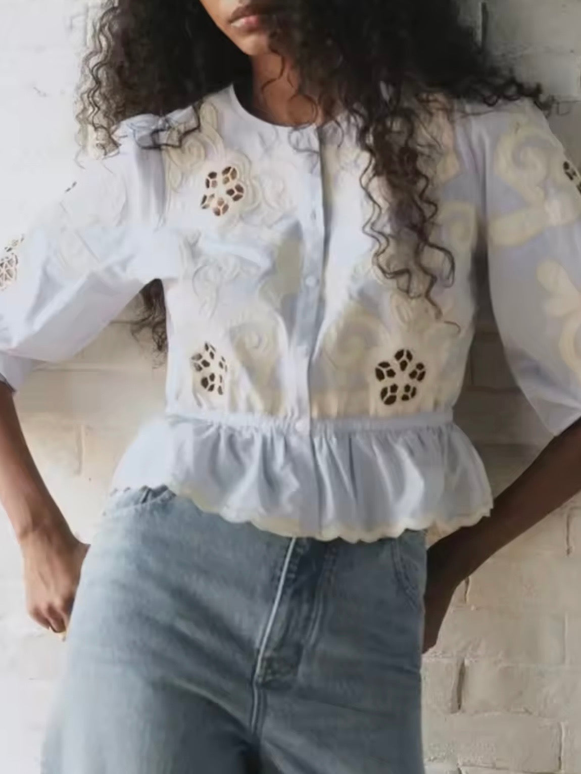 Light Blue and white with beige crochet floral lace shirt