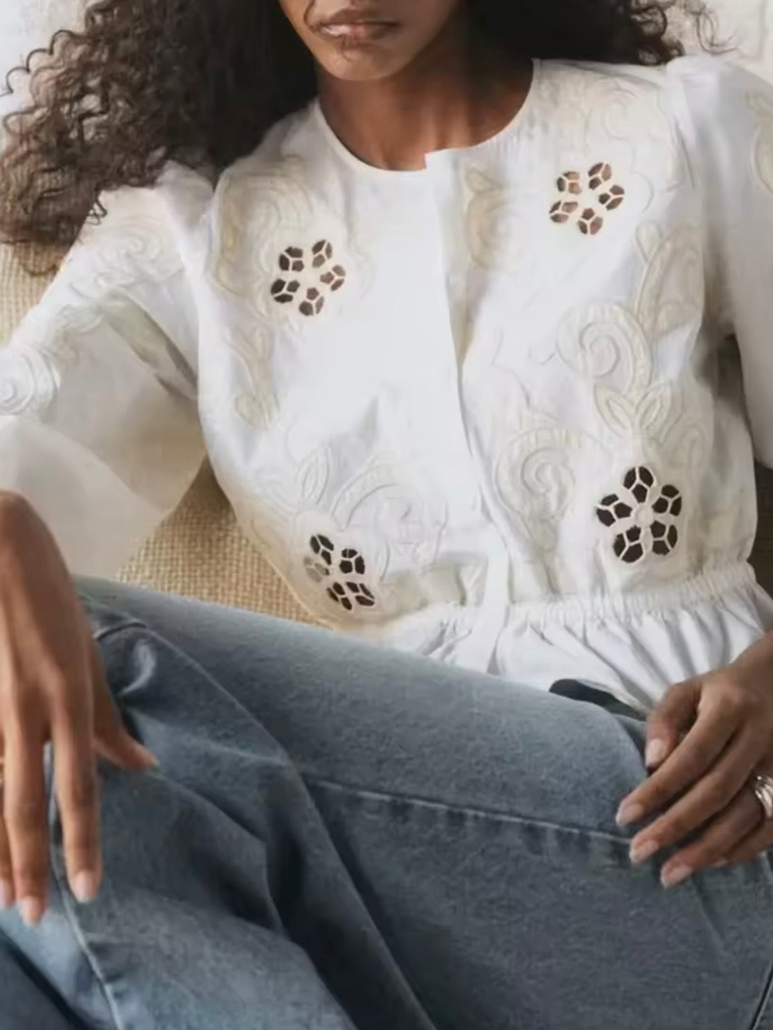 Light Blue and white with beige crochet floral lace shirt