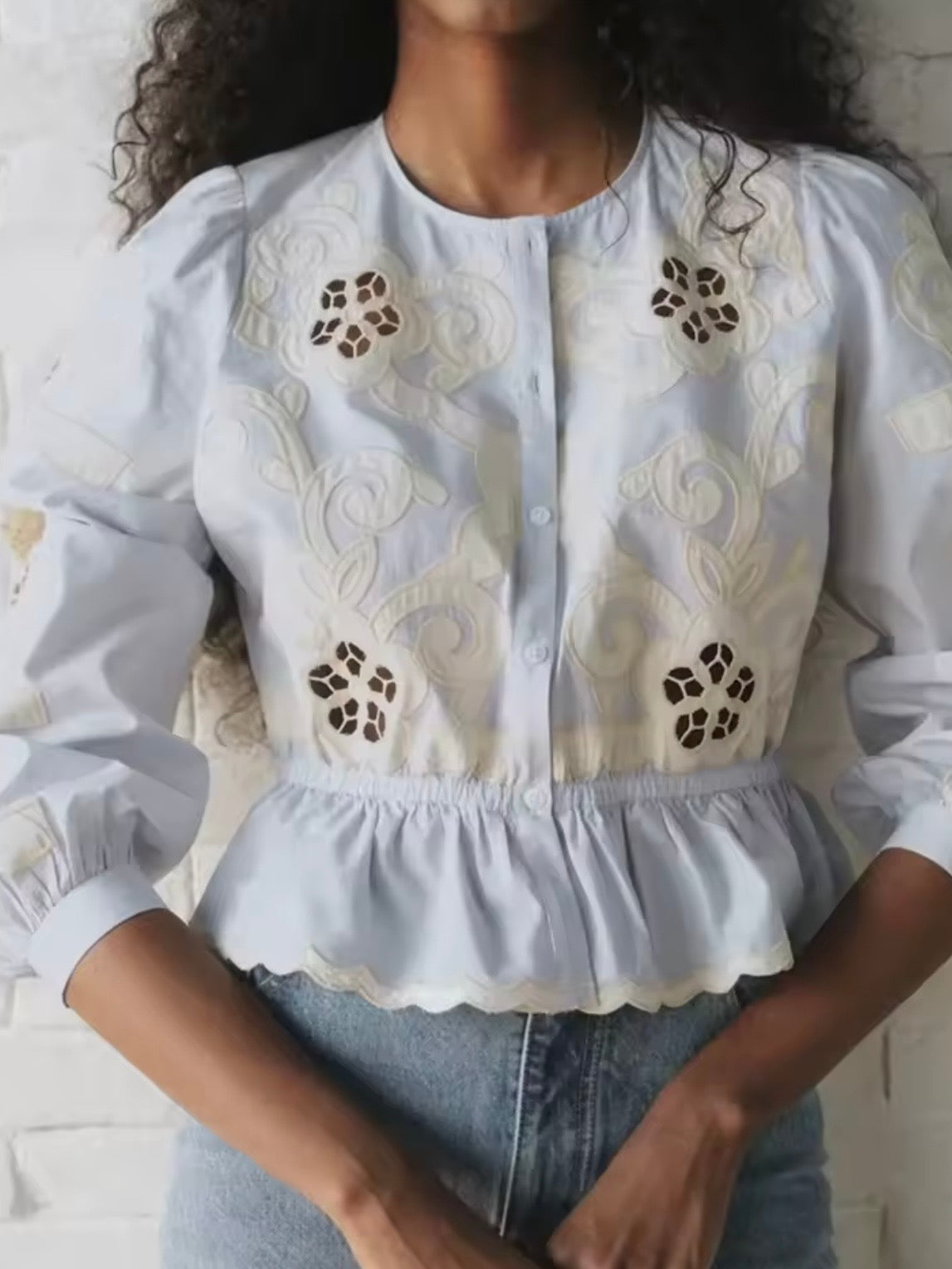 Light Blue and white with beige crochet floral lace shirt