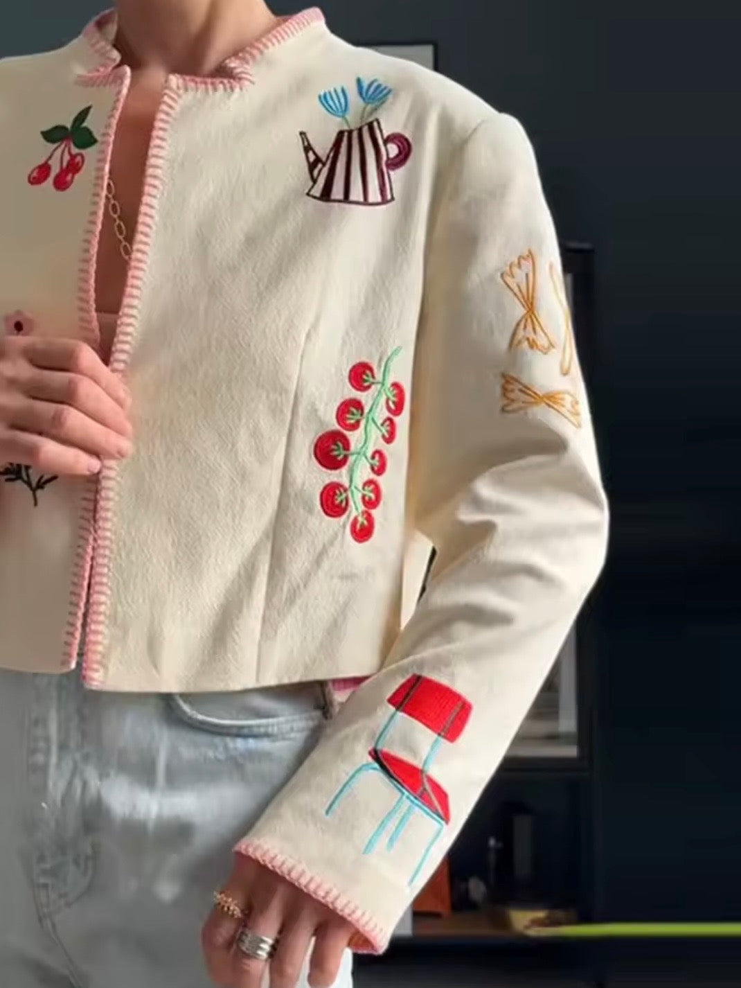 Creamy White floral and coffee embroidered jacket