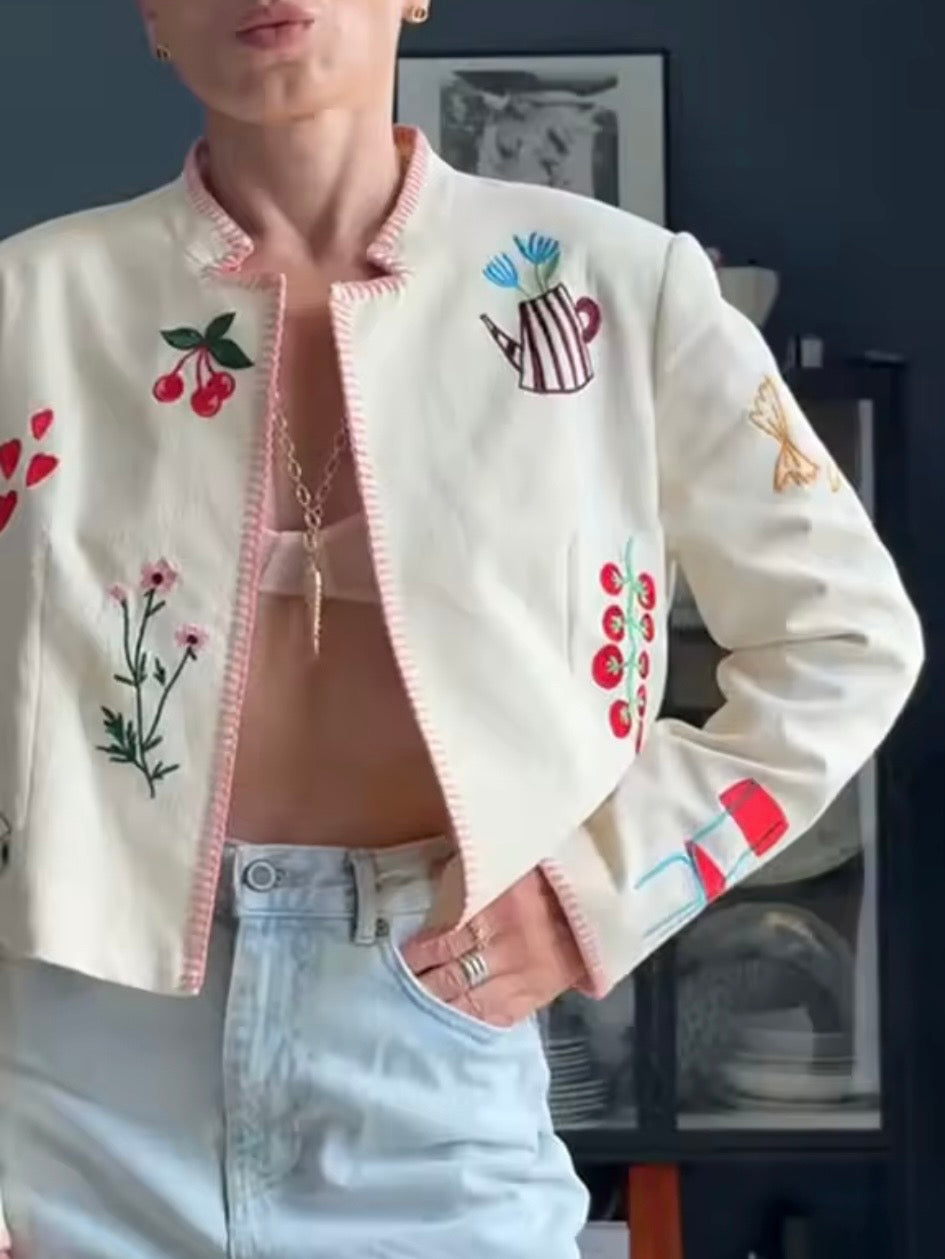 Creamy White floral and coffee embroidered jacket