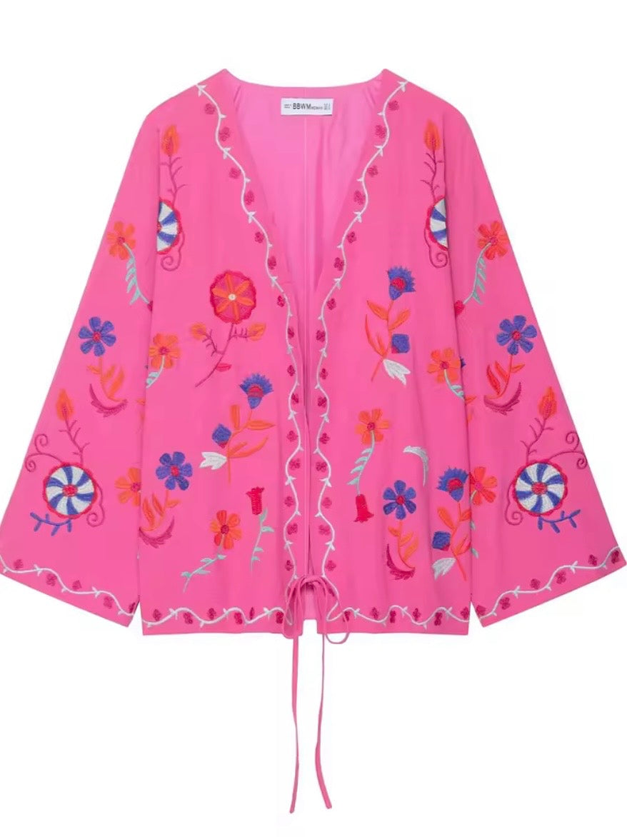 Pink floral embroidery oversized coverup jacket