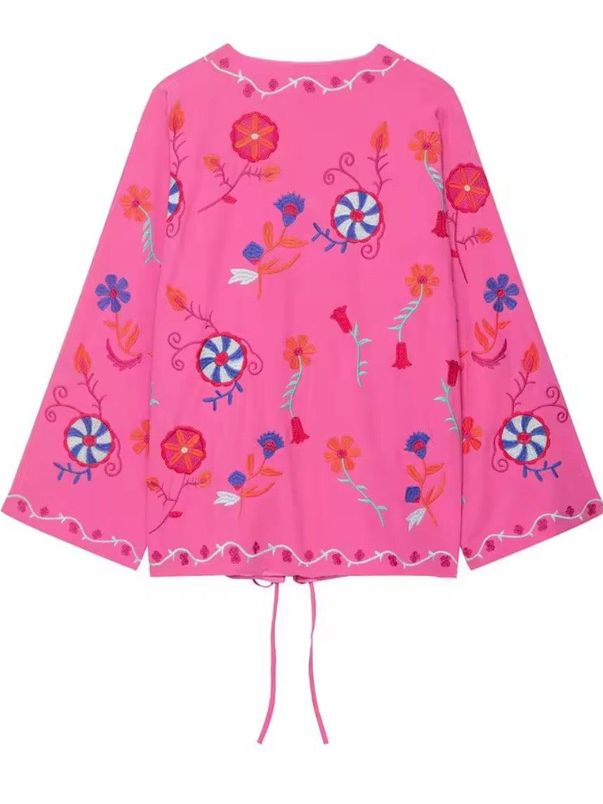Pink floral embroidery oversized coverup jacket
