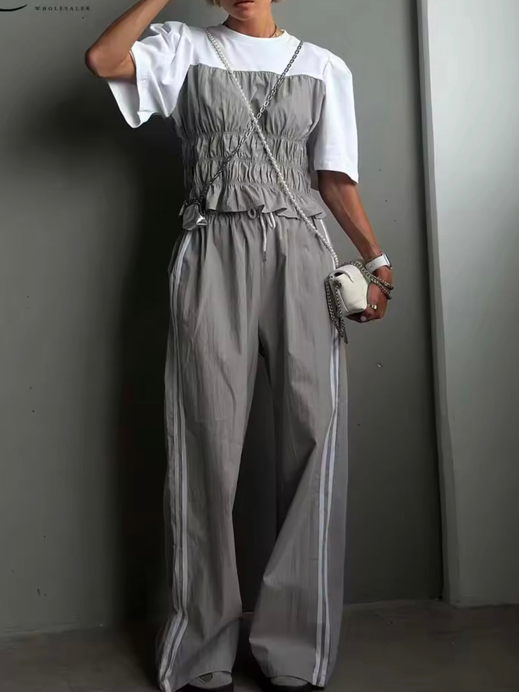 Gray and white ruched set of 2. Top and joggers pants