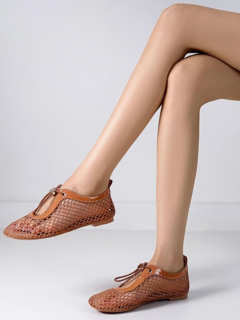 Solid colors net flats shoes front adjustable