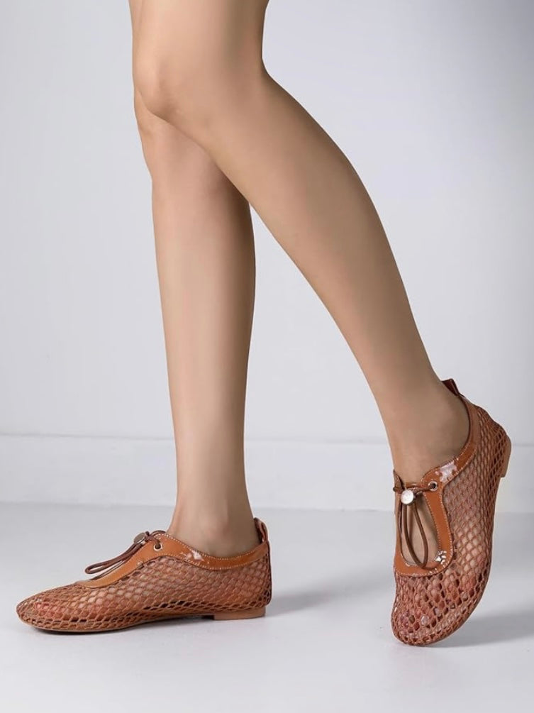 Solid colors net flats shoes front adjustable