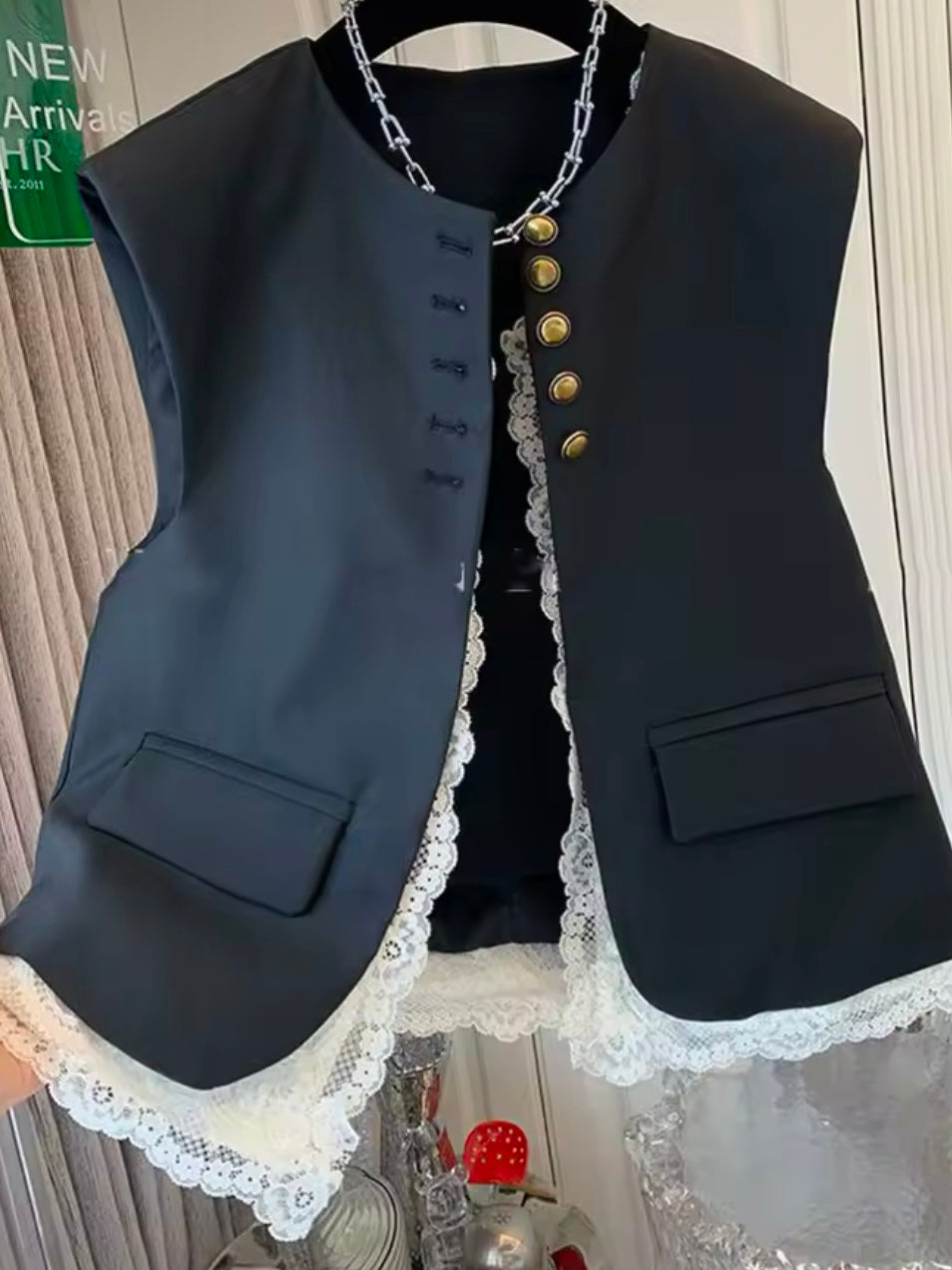 Black blue mix fabrics lace sleeveless vest top