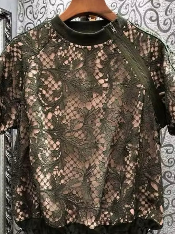 Dark green mix fabrics two layers lace short sleeves top