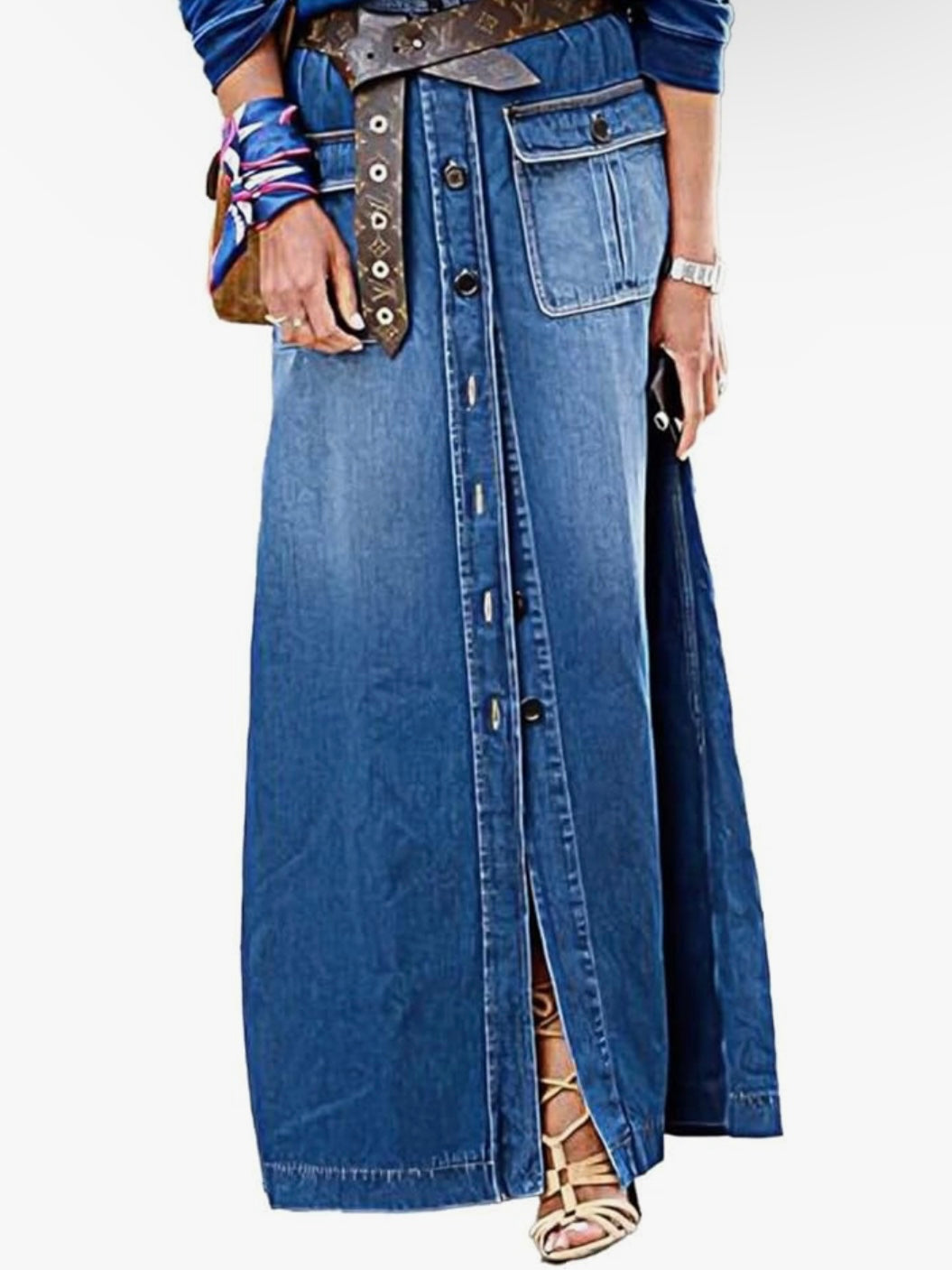 Mid blue denim tube buttoned open front maxi skirts