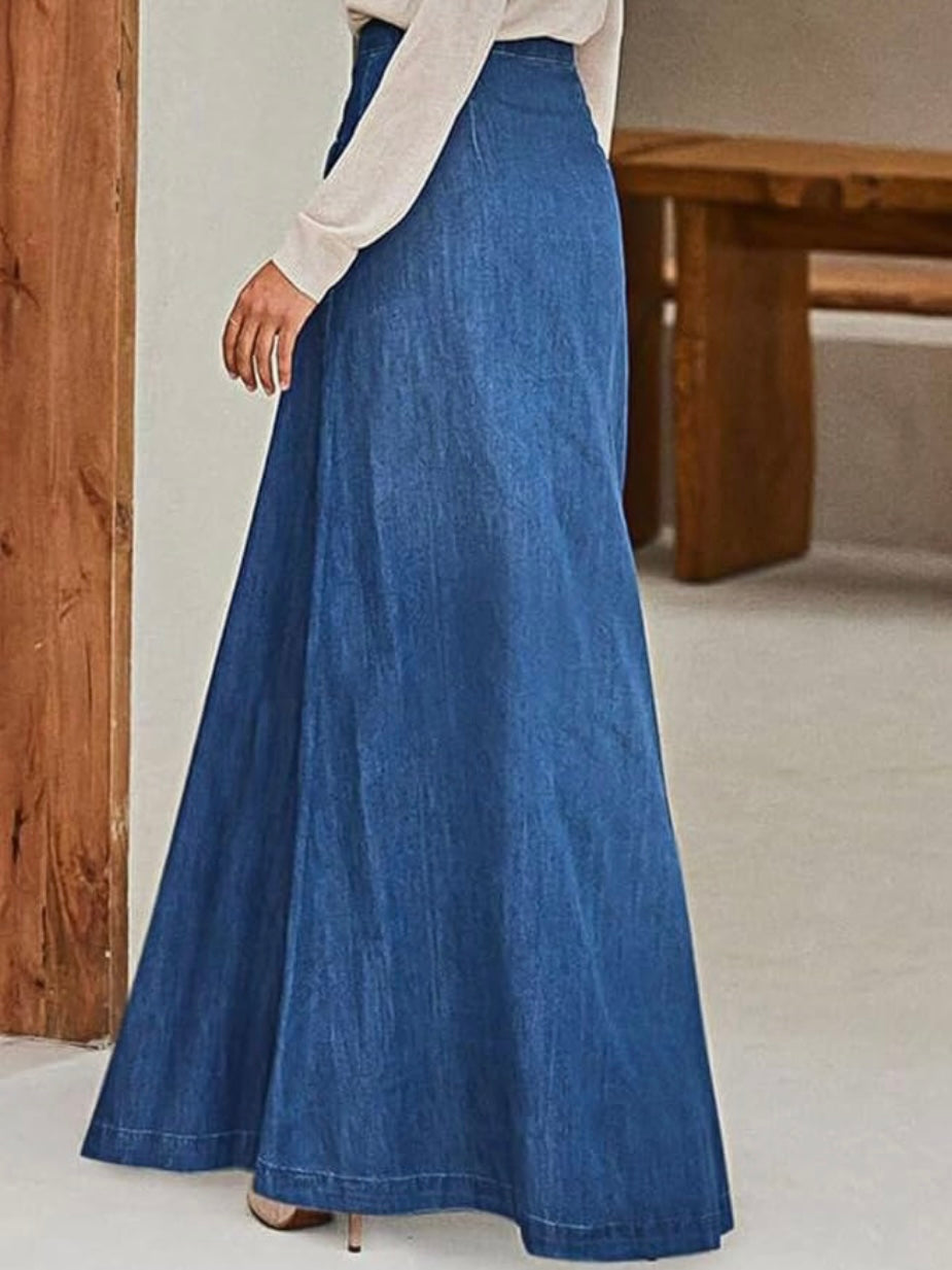 Mid blue denim tube buttoned open front maxi skirts