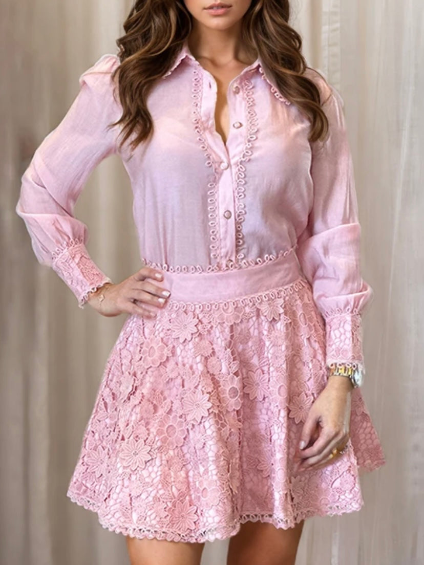 Pink and green set of 2 lace top and tube skirt