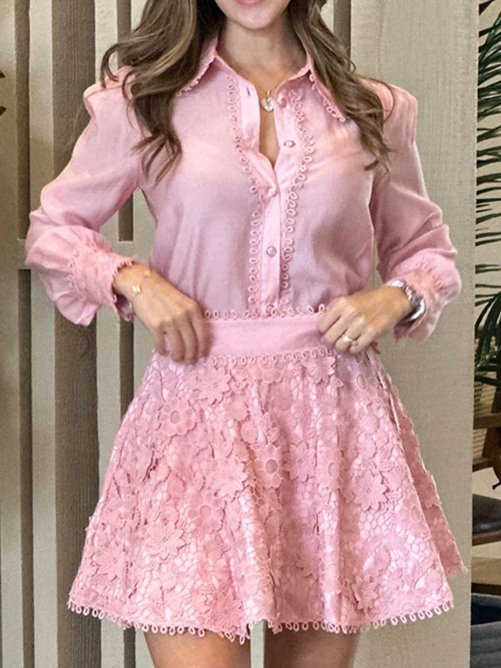 Pink and green set of 2 lace top and tube skirt