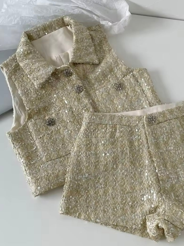 Beige tweed set of 2 vest top and shorts pants