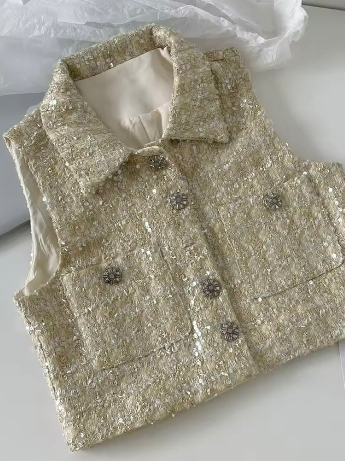 Beige tweed set of 2 vest top and shorts pants
