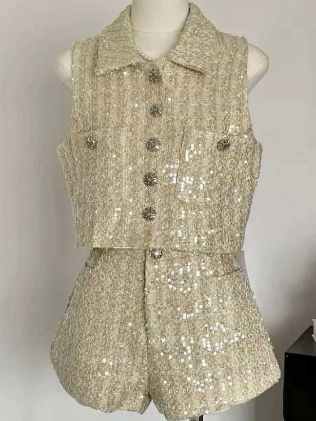 Beige tweed set of 2 vest top and shorts pants