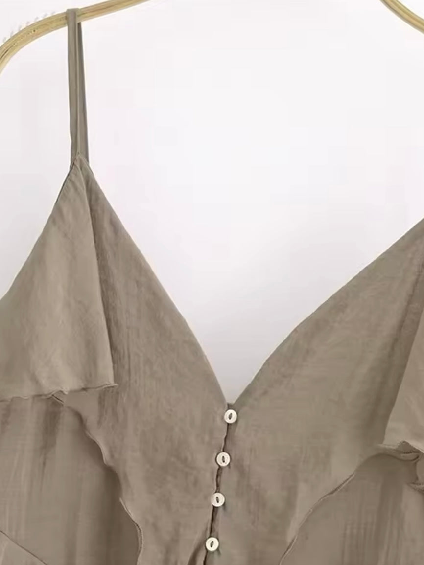 Taupe brown buttoned lace edge tank top