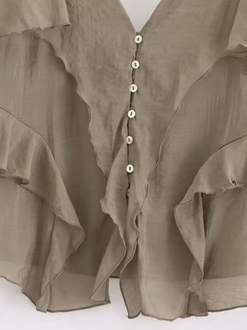 Taupe brown buttoned lace edge tank top