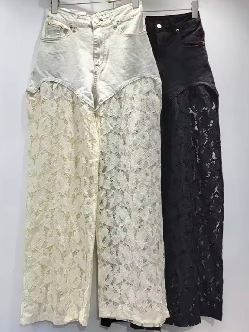 Black and beige lace jeans pants