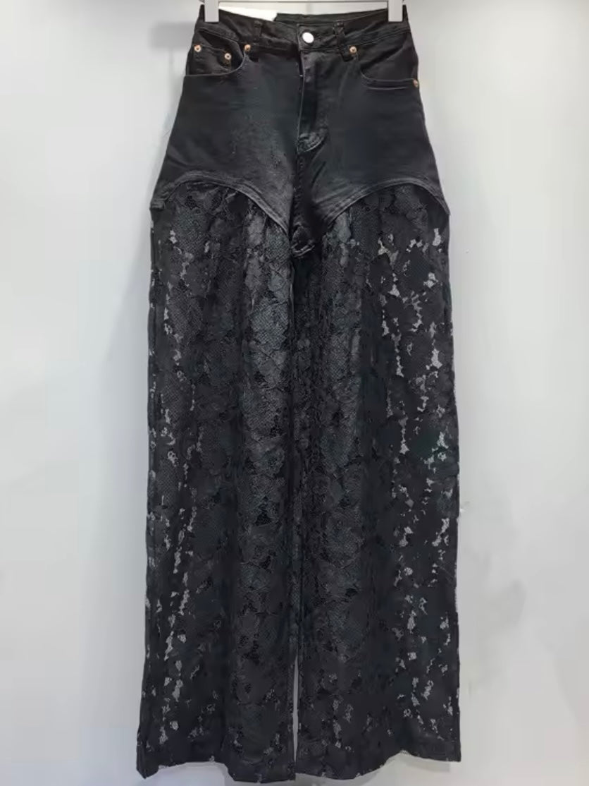 Black and beige lace jeans pants