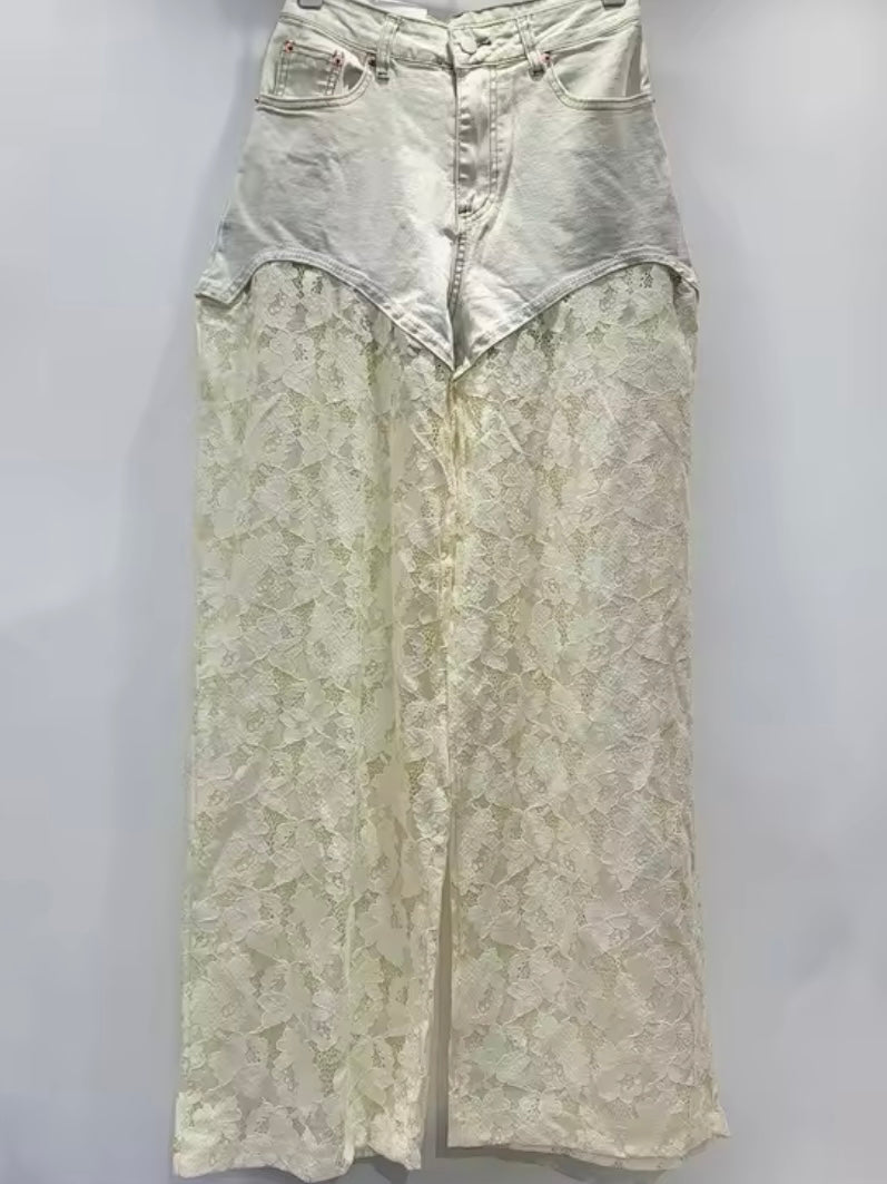 Black and beige lace jeans pants