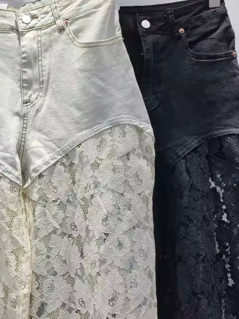 Black and beige lace jeans pants