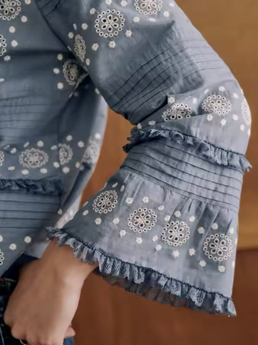 Beige and blue embroidered shirt