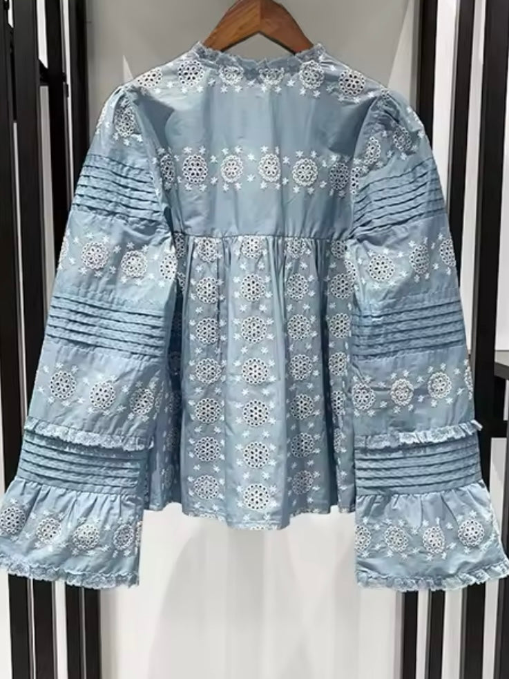 Beige and blue embroidered shirt