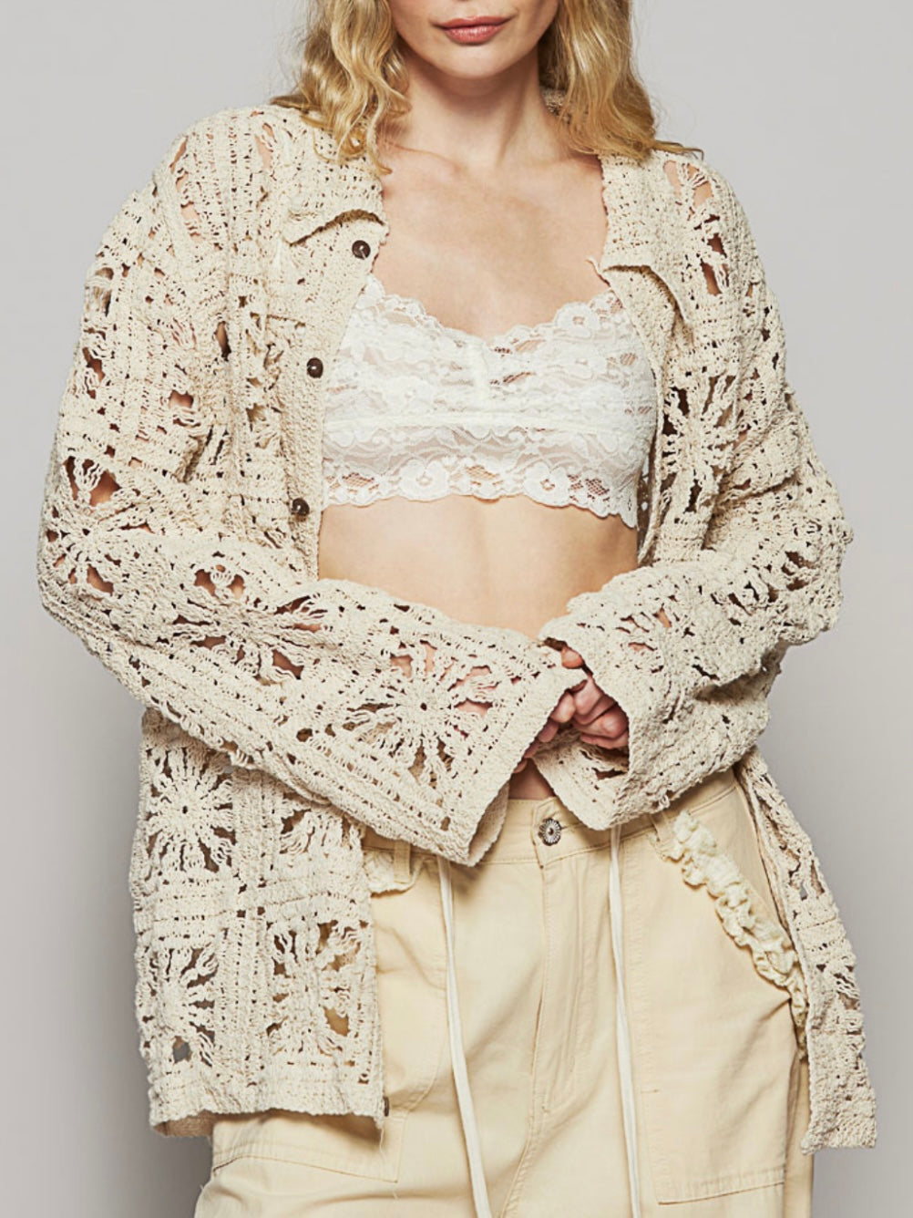 Off white crochet floral mix fabrics shacket - shirt