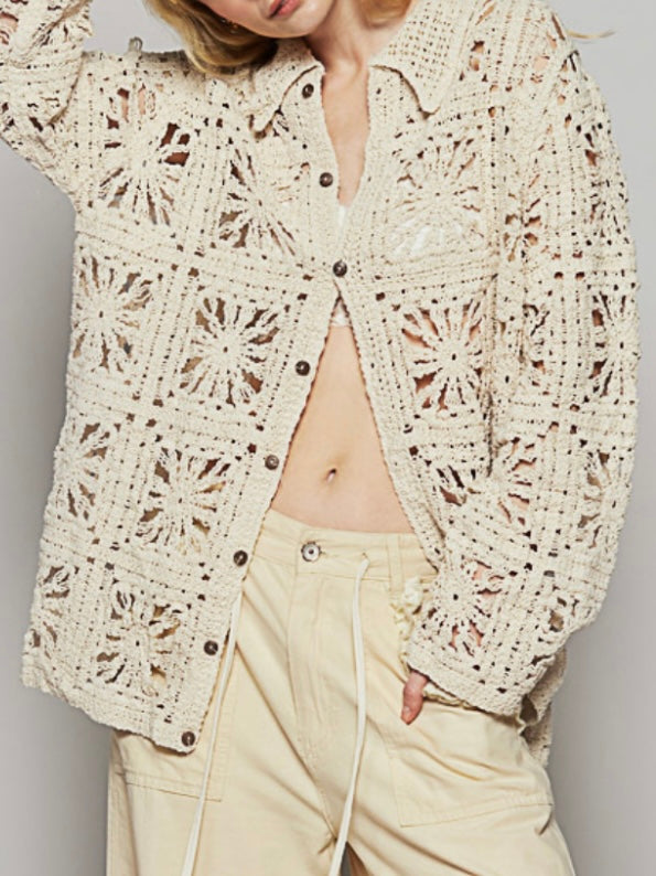 Off white crochet floral mix fabrics shacket - shirt
