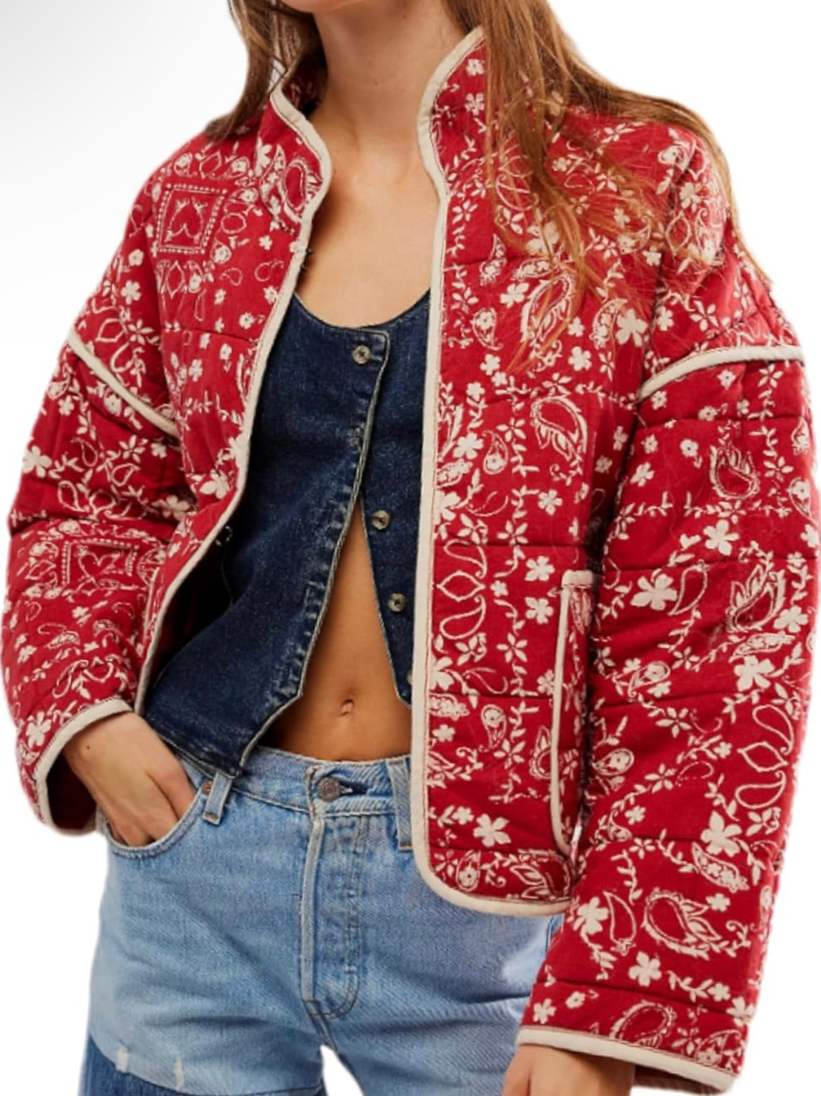 Red thin quilted floral print bomber jacket