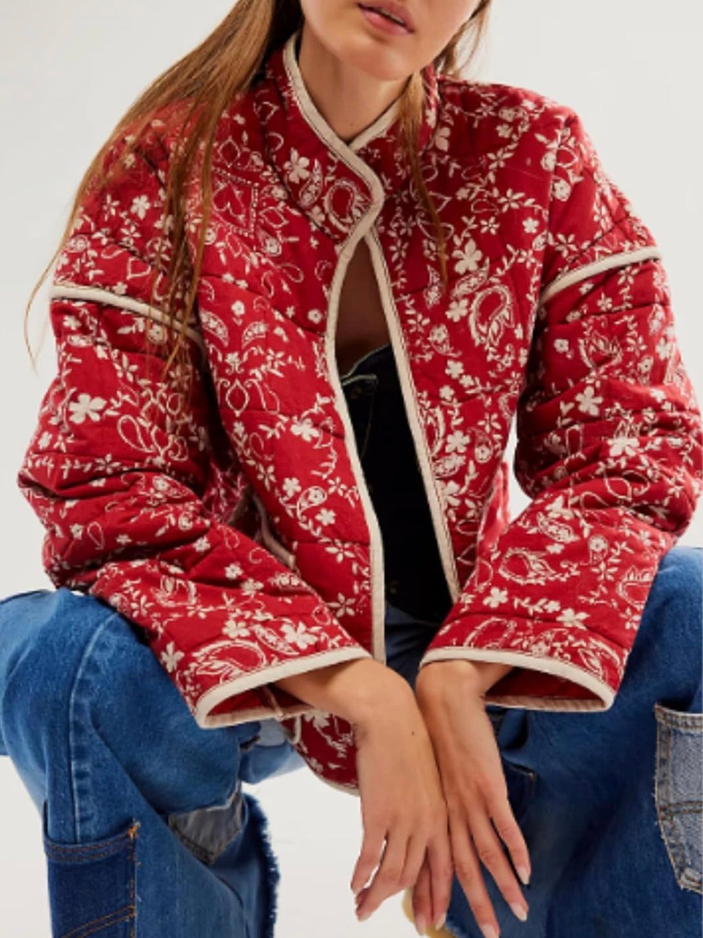 Red thin quilted floral print bomber jacket