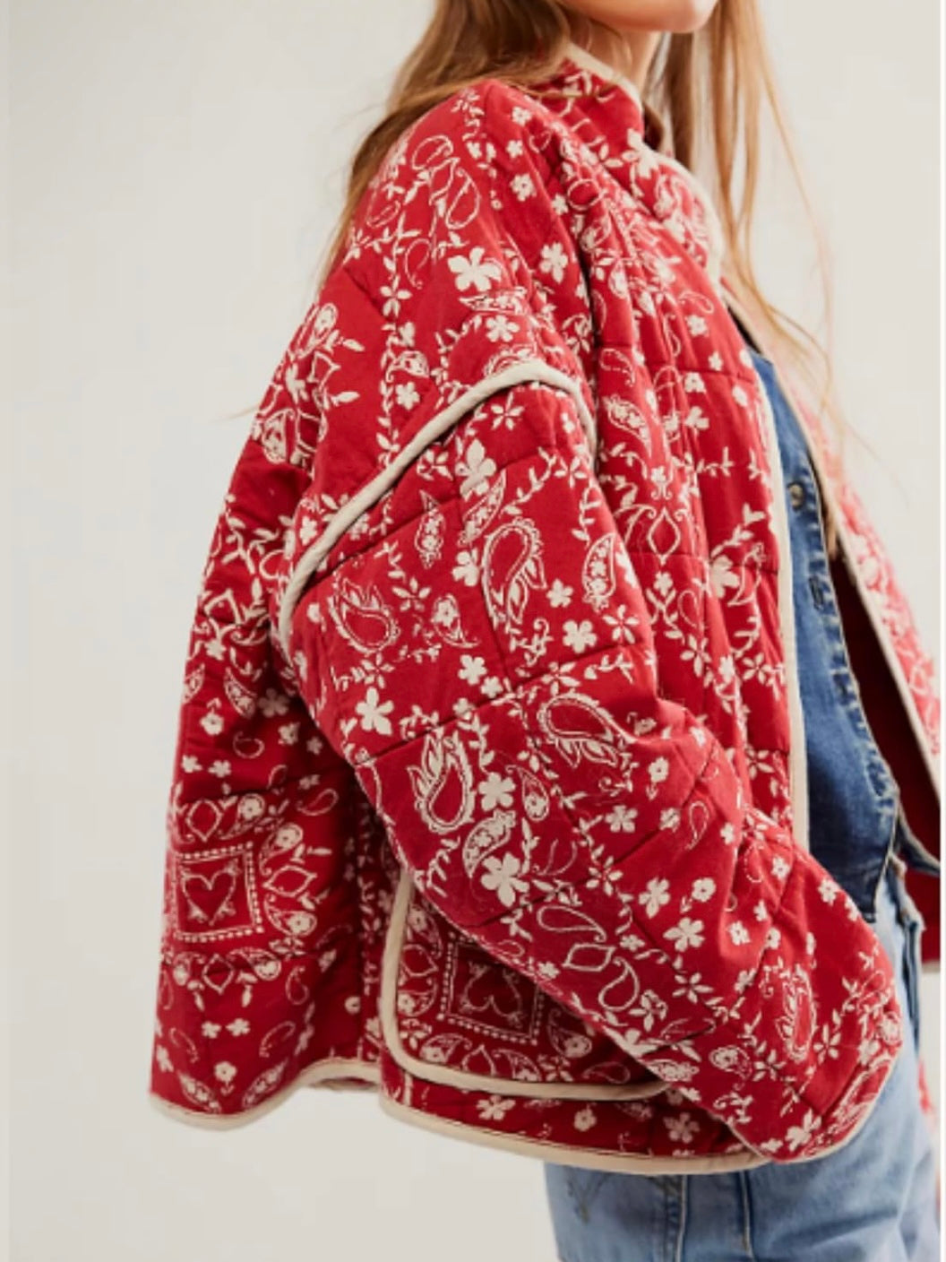 Red thin quilted floral print bomber jacket