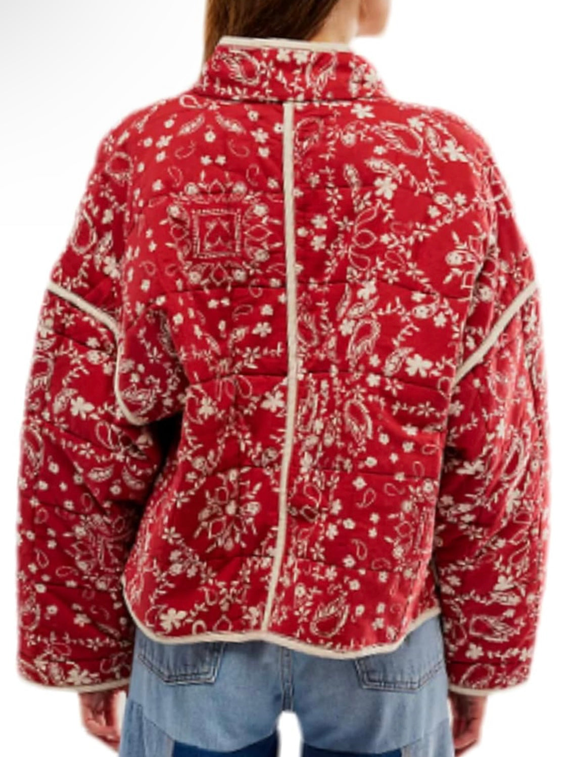 Red thin quilted floral print bomber jacket