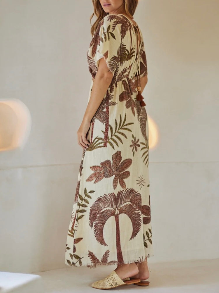 Beige and burgundy printed maxi dress