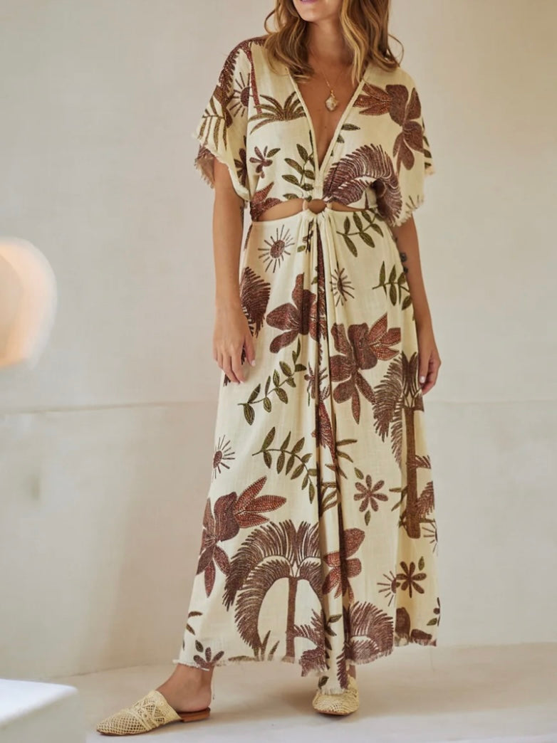 Beige and burgundy printed maxi dress