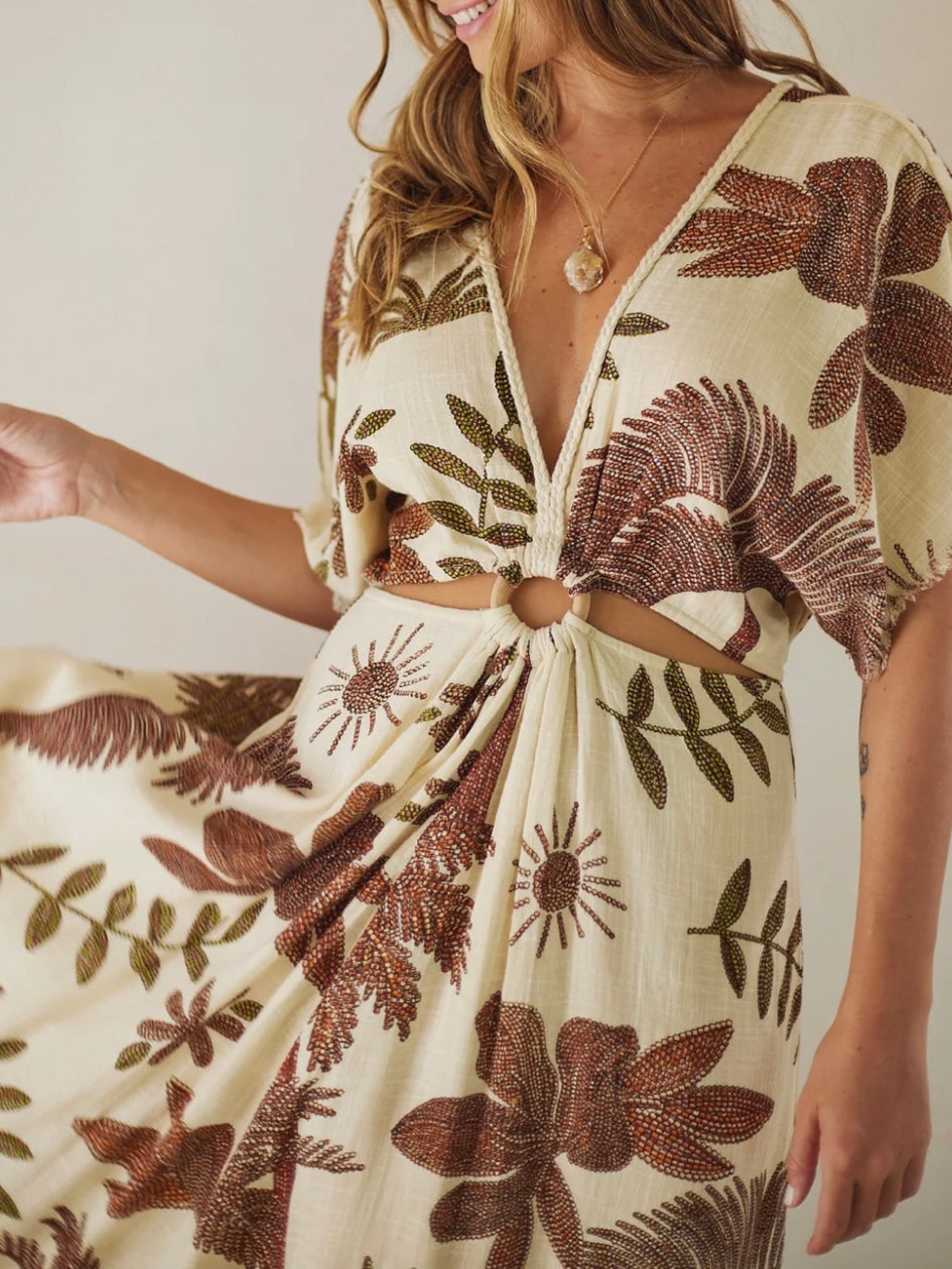 Beige and burgundy printed maxi dress